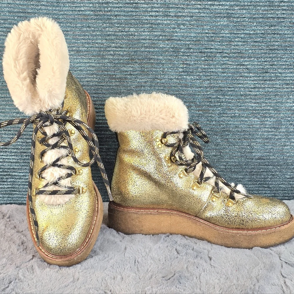 J Crew Gold Metallic Winter Shearling Boots, Wedge Crepe Sole,  Womens Sz 6